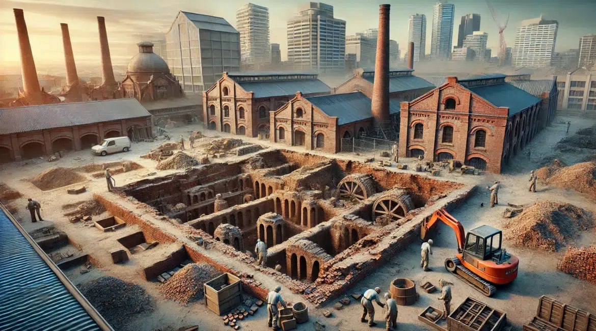 Archaeological scene in Dandenong with a team excavating an old brick kiln. The kiln is detailed and partially exposed with bricks and re