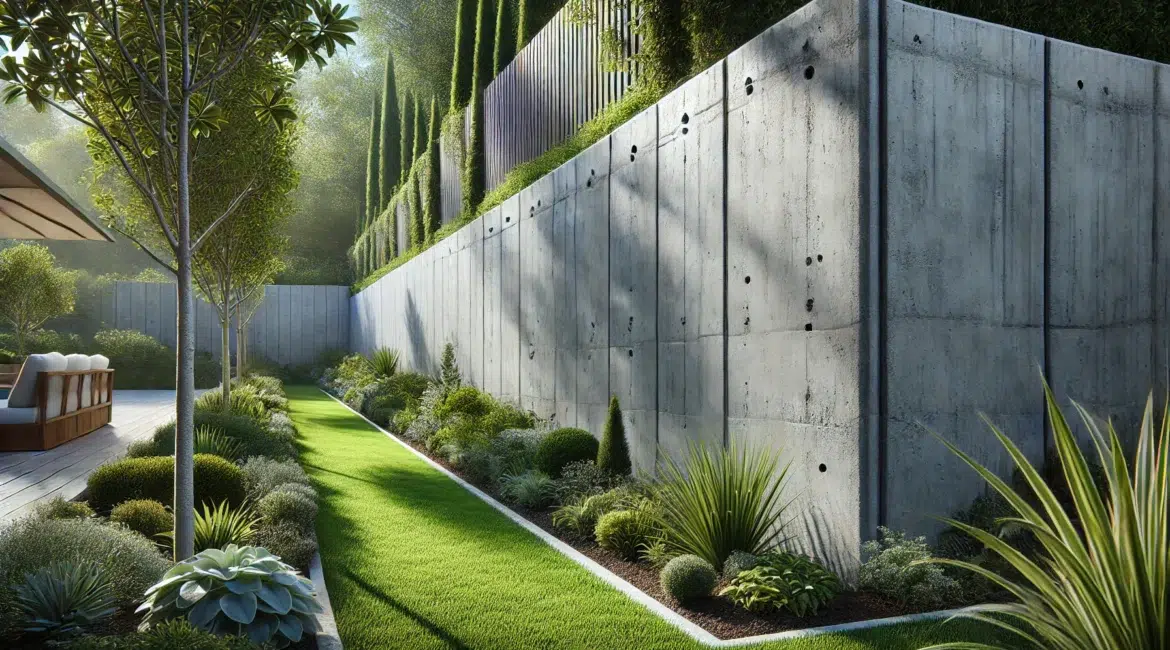 DALL·E 2024 08 13 17.08.23 A detailed high resolution landscape oriented image of a poured concrete retaining wall in a landscaped garden. The wall is smooth and solid with a