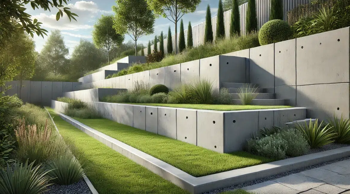 DALL·E 2024 08 13 17.09.14 A detailed high resolution landscape oriented image of a precast concrete retaining wall in a well maintained garden. The wall consists of uniform c