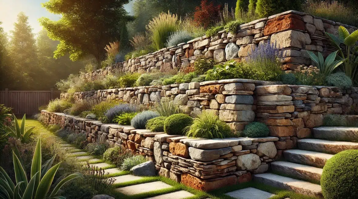 DALL·E 2024 08 13 17.09.54 A detailed high resolution landscape oriented image of a natural stone retaining wall in a beautifully landscaped garden. The wall is constructed fr