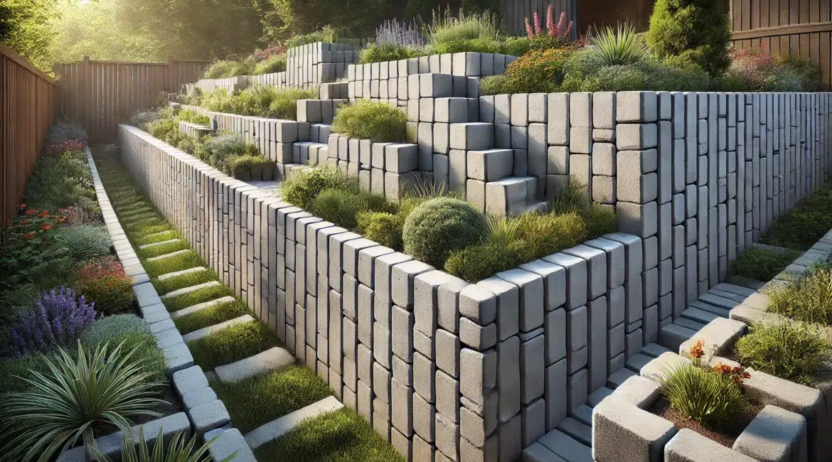 DALL·E 2024 08 13 17.10.44 A detailed high resolution landscape oriented image of a cinder block retaining wall in a garden setting. The wall is constructed from uniform gray