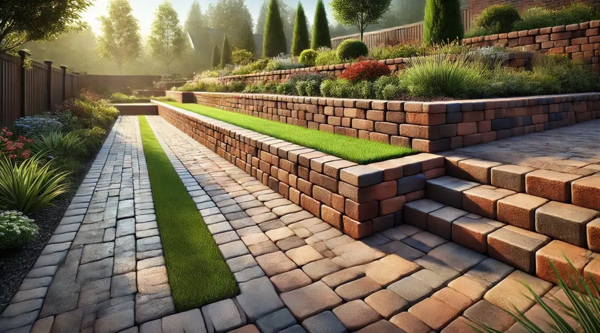 DALL·E 2024 08 13 17.11.10 A detailed high resolution landscape oriented image of a brick and paver retaining wall in a beautifully landscaped garden. The retaining wall is co