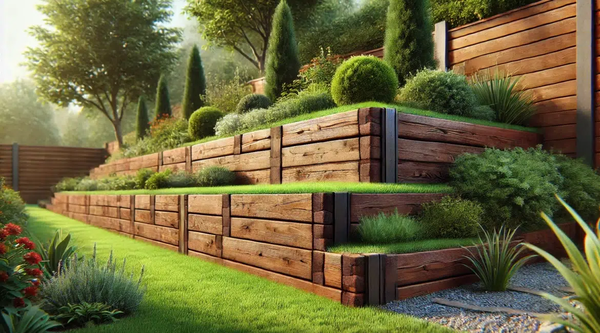 DALL·E 2024 08 13 17.12.51 A realistic high resolution landscape oriented image of a timber sleeper retaining wall in a garden setting. The retaining wall is built from horizo