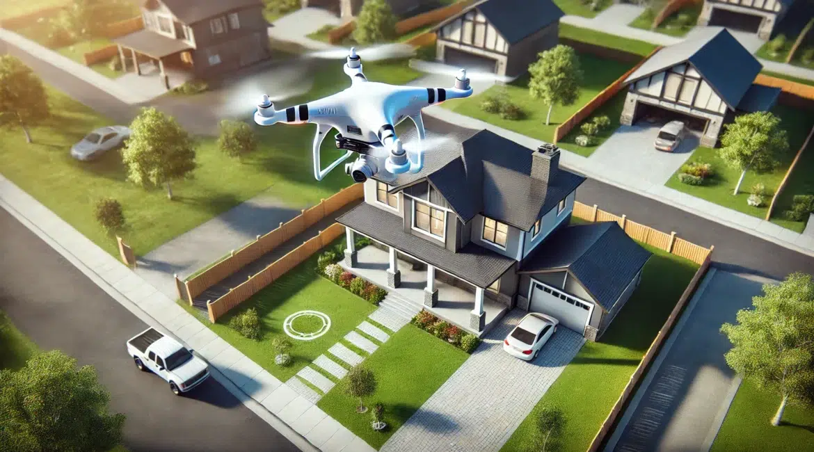 DALL·E 2024 08 26 15.05.29 A realistic image showing a drone hovering over a residential property. The drone is equipped with advanced cameras and sensors capturing images and