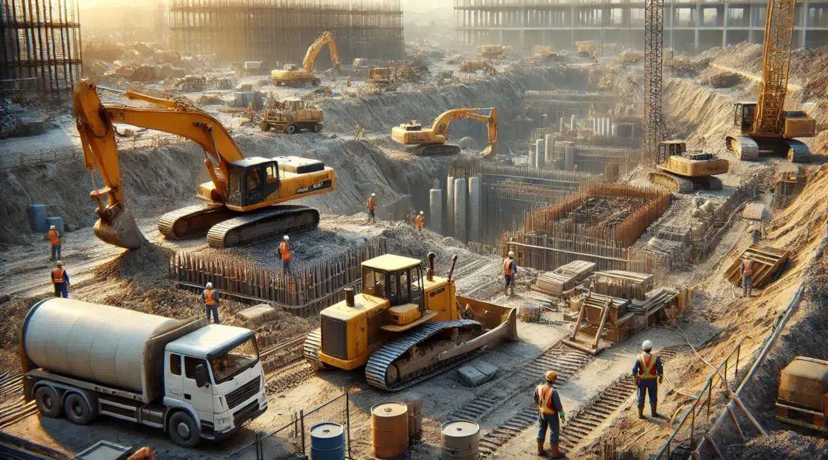 DALL·E 2024 08 26 15.06.39 A realistic image depicting excavation works at a construction site. The scene features heavy machinery like excavators and bulldozers actively diggin