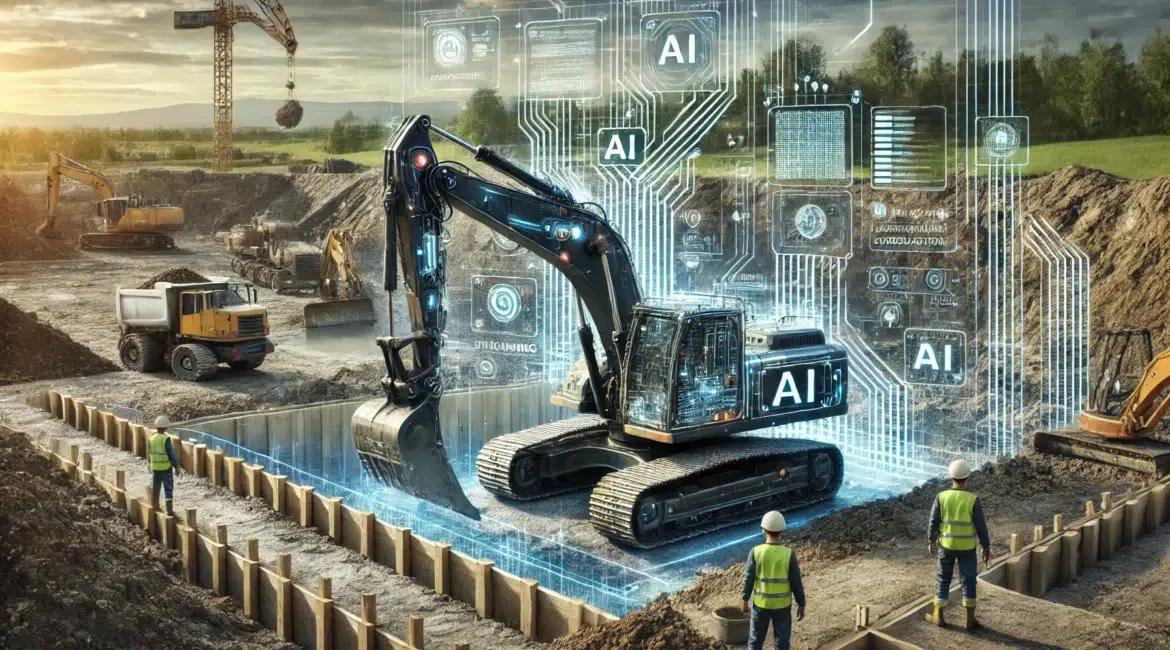 DALL·E 2024 08 26 15.11.38 A realistic image depicting artificial intelligence AI being used in excavation works. The scene features an advanced AI controlled excavator at a c