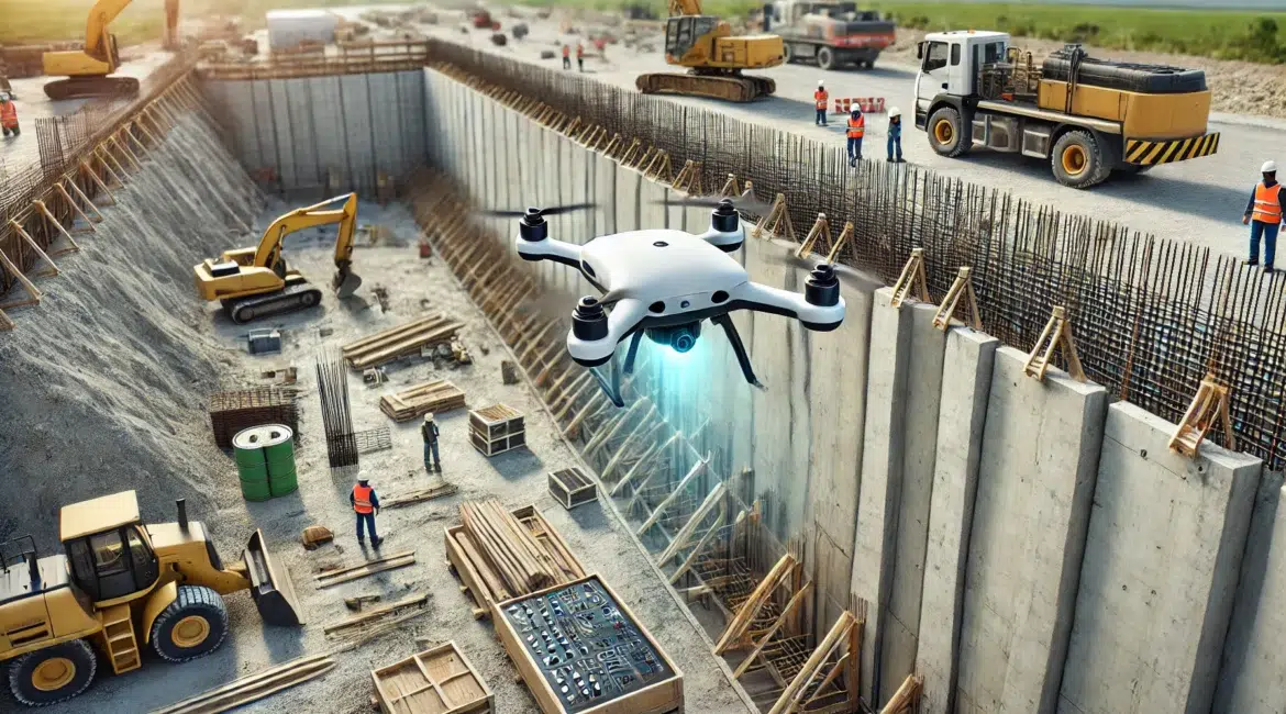 DALL·E 2024 08 26 15.14.57 A realistic image showing artificial intelligence AI assessing retaining walls at a construction site. The scene features an AI controlled drone or