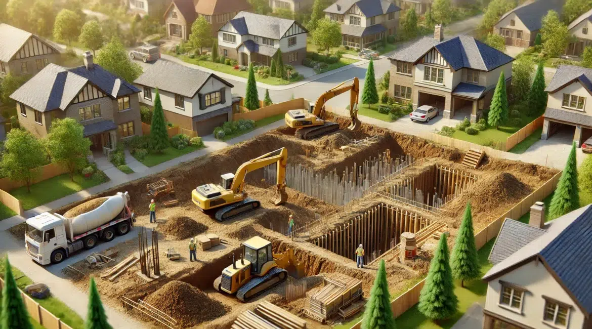 DALL·E 2024 08 26 15.18.23 A realistic image depicting residential excavations at a suburban construction site. The scene features heavy machinery like excavators and bulldozers